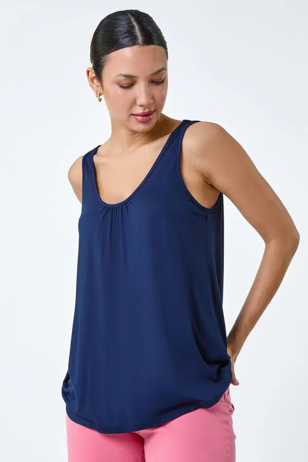 Navy Plain VNeck Stretch Jersey Vest Top Women Roman Tops