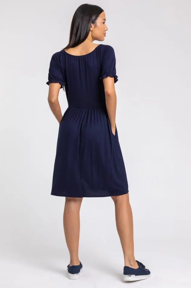 Navy Puff Sleeve Buttoned Jersey Dress Women Roman Dresses