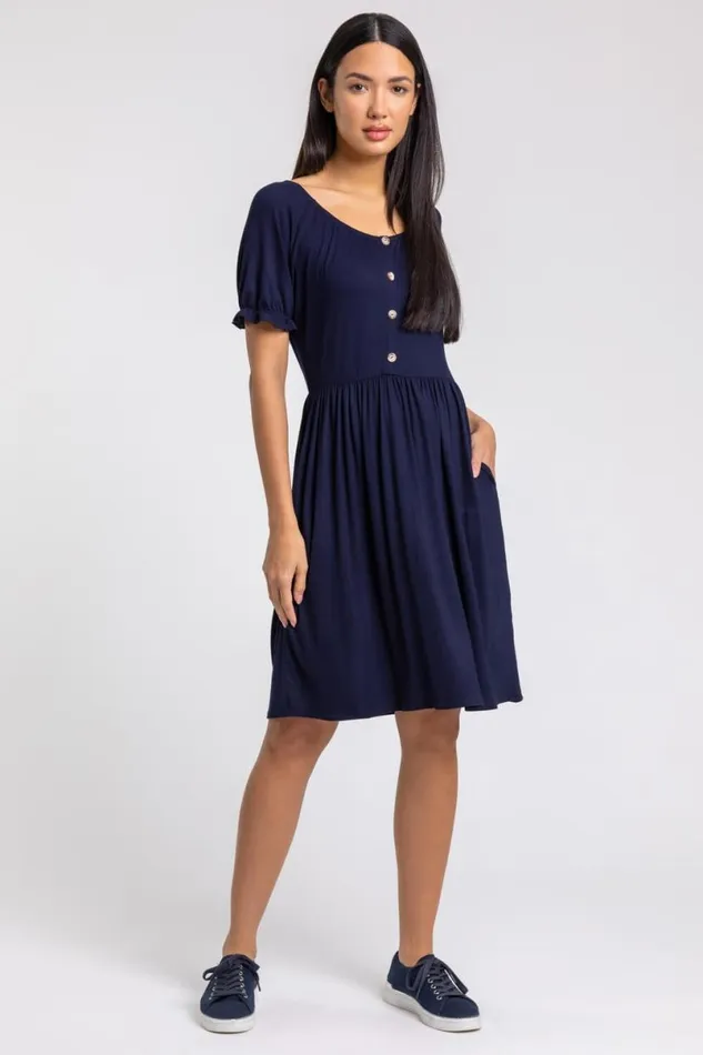 Navy Puff Sleeve Buttoned Jersey Dress Women Roman Dresses
