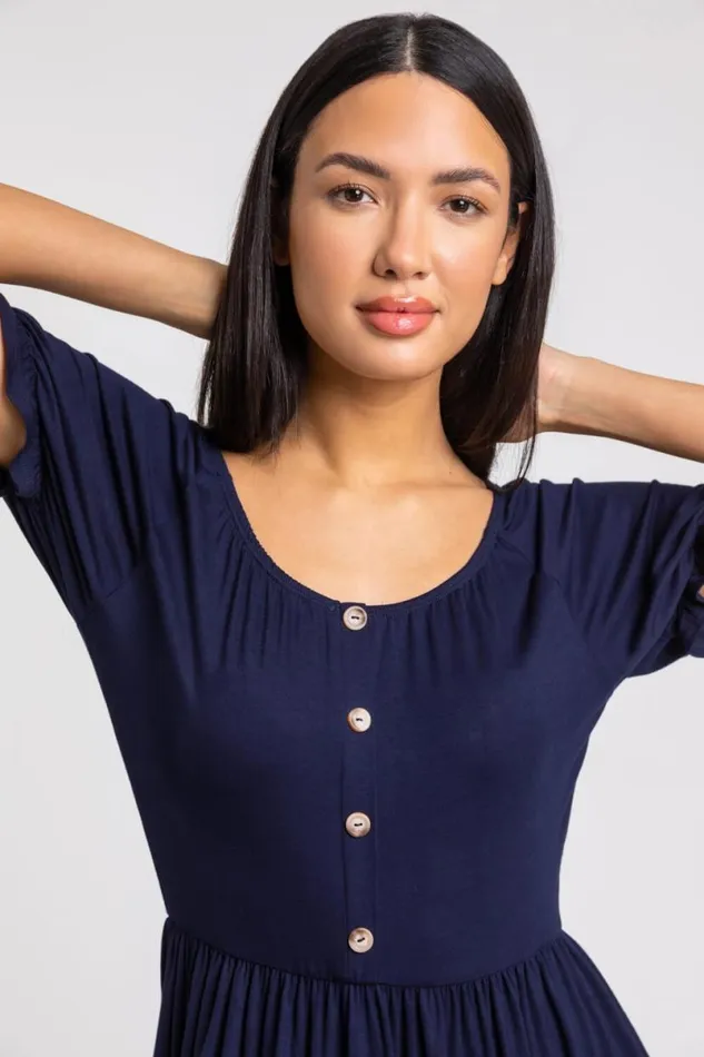 Navy Puff Sleeve Buttoned Jersey Dress Women Roman Dresses