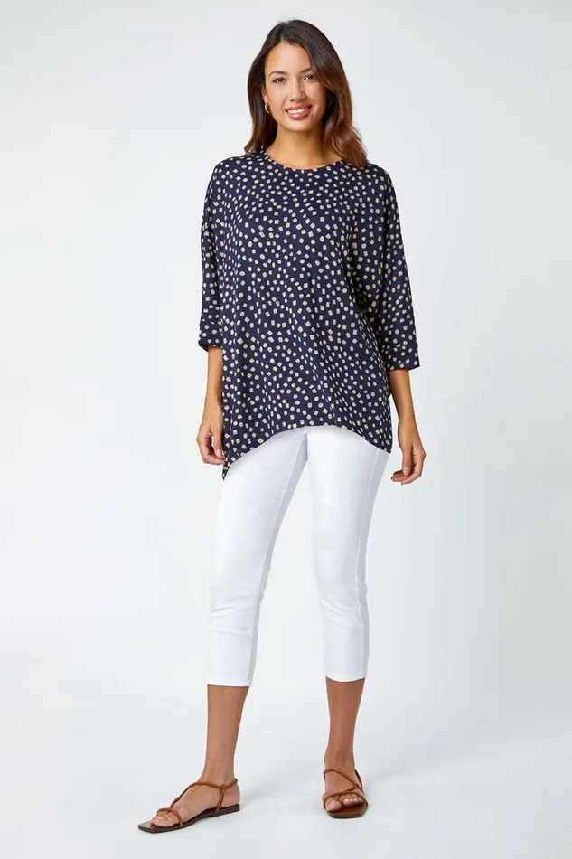 Navy Spot Print Hanky Hem Stretch Top Women Roman Tops