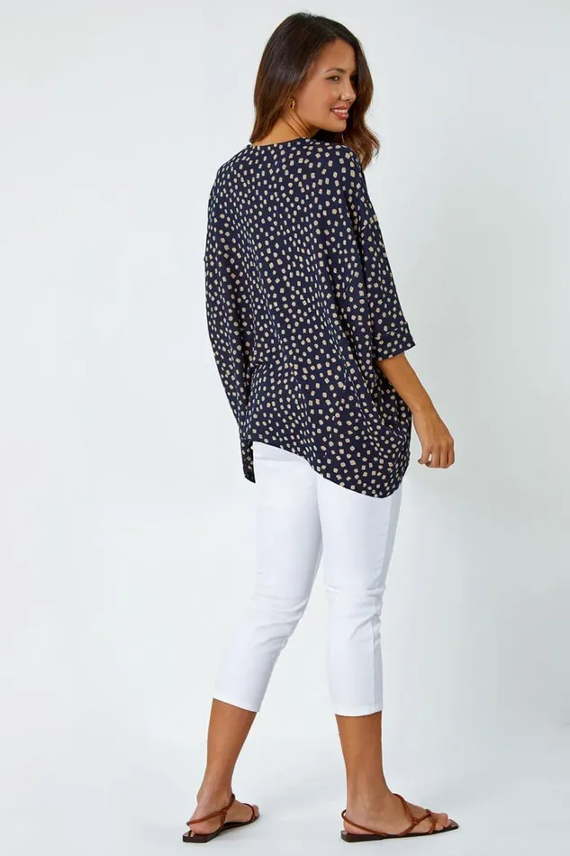 Navy Spot Print Hanky Hem Stretch Top Women Roman Tops