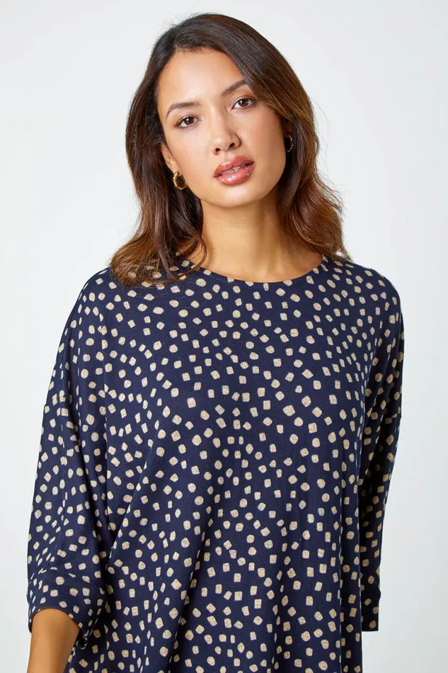 Navy Spot Print Hanky Hem Stretch Top Women Roman Tops