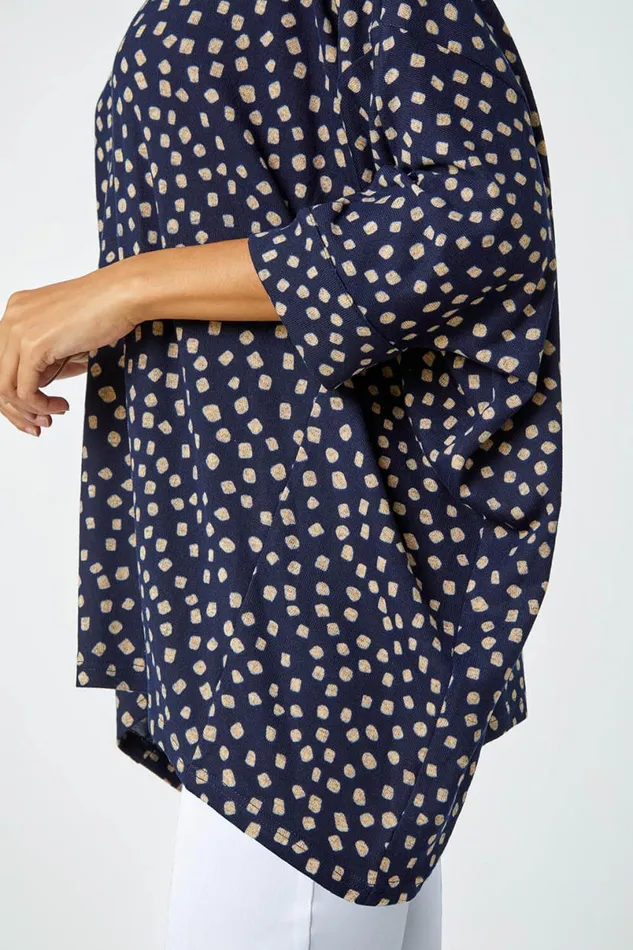 Navy Spot Print Hanky Hem Stretch Top Women Roman Tops