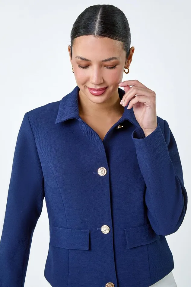 Navy Textured Button Detail Jacket Women Roman Occasionwear