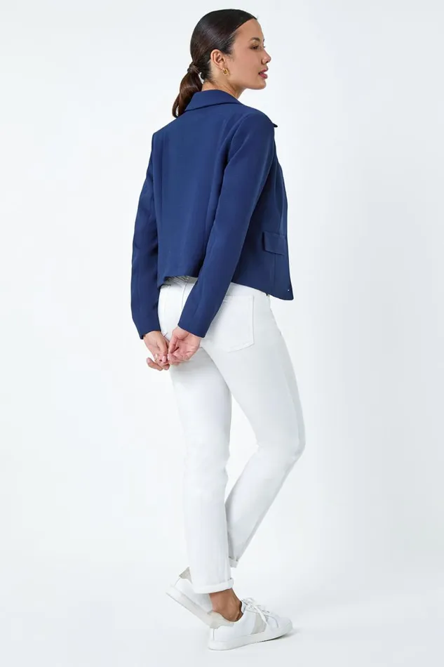 Navy Textured Button Detail Jacket Women Roman Occasionwear
