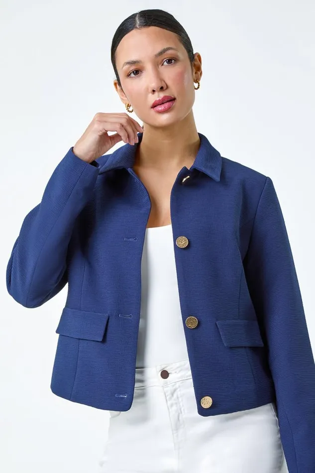 Navy Textured Button Detail Jacket Women Roman Occasionwear