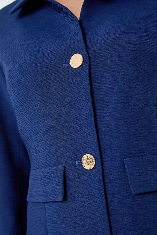 Navy Textured Button Detail Jacket Women Roman Occasionwear