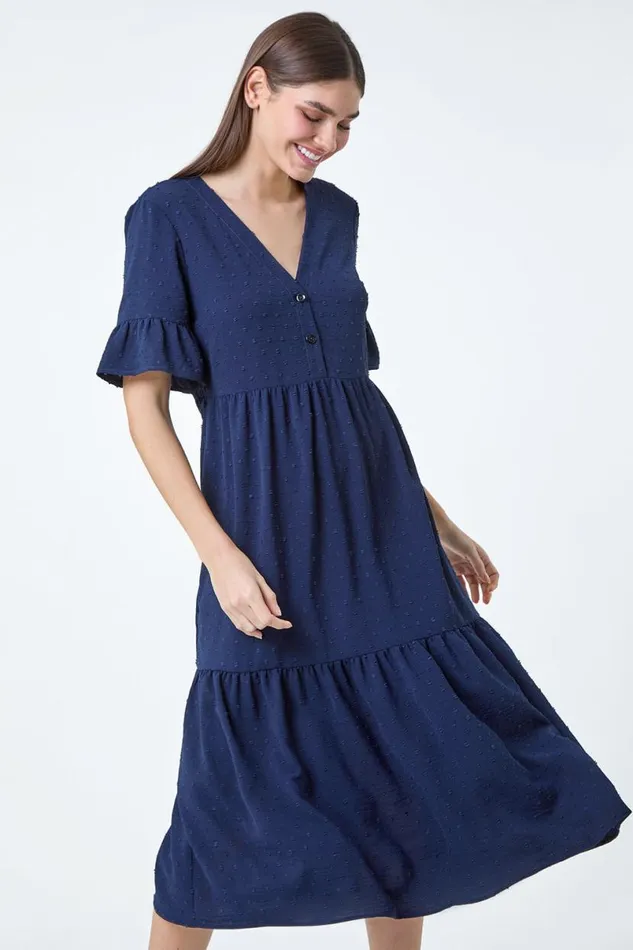 Navy Textured Spot Frill Tiered Midi Dress Women Roman Dresses