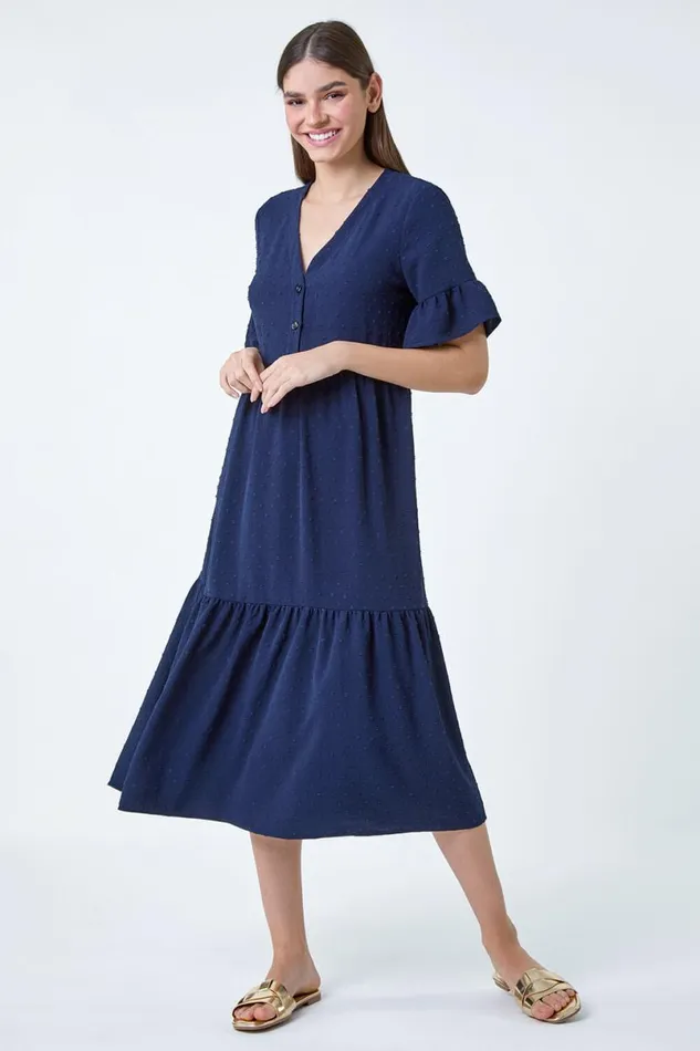 Navy Textured Spot Frill Tiered Midi Dress Women Roman Dresses