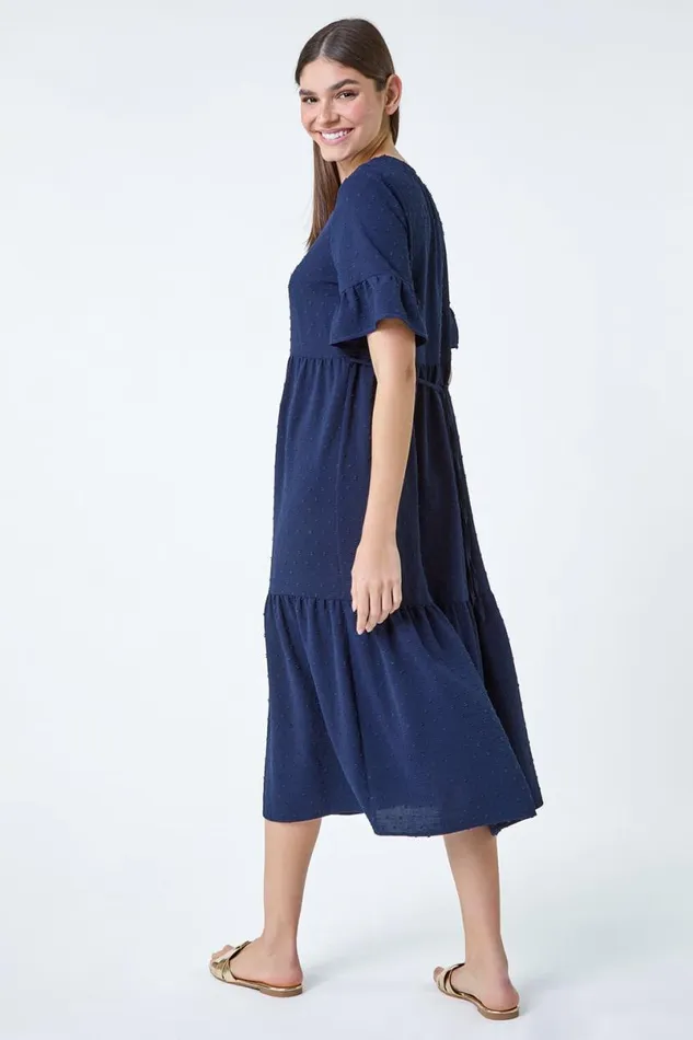 Navy Textured Spot Frill Tiered Midi Dress Women Roman Dresses