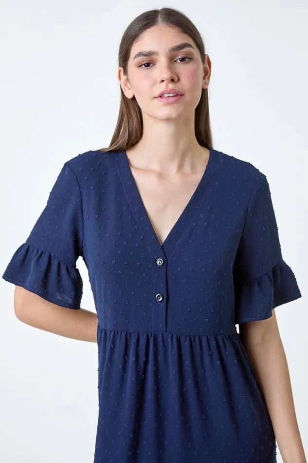 Navy Textured Spot Frill Tiered Midi Dress Women Roman Dresses