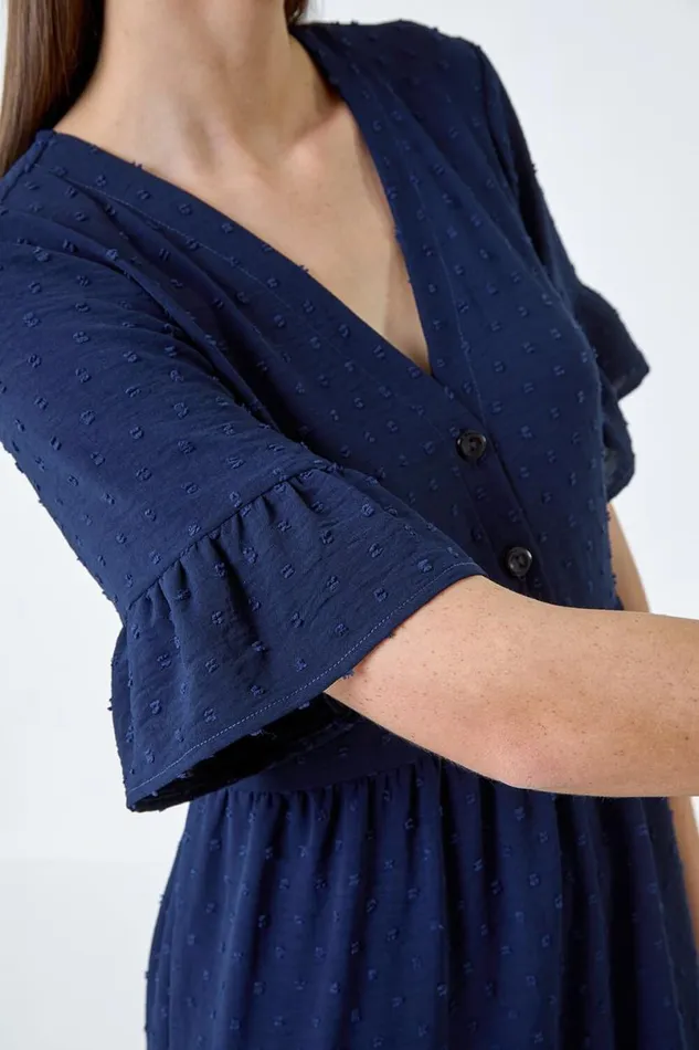 Navy Textured Spot Frill Tiered Midi Dress Women Roman Dresses