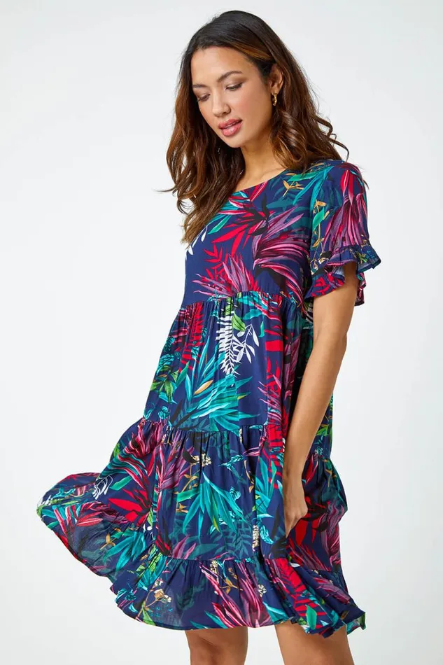 Navy Tropical Frill Sleeve Tiered Smock Dress Women Roman Dresses
