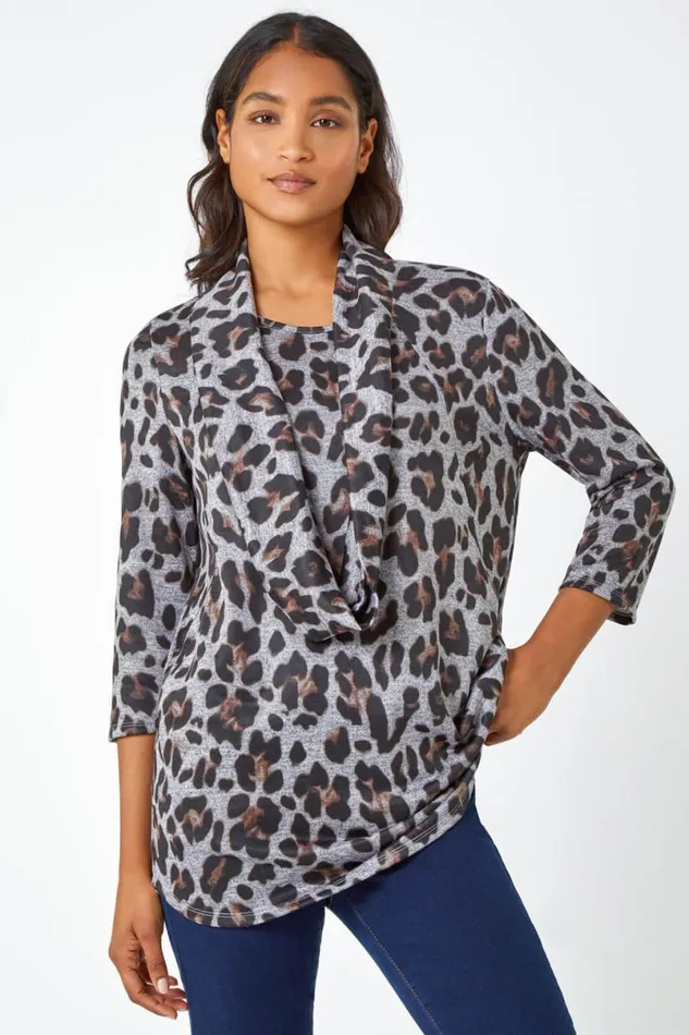 Neutral Animal Print Pocket Tunic Top With Snood Women Roman Tops