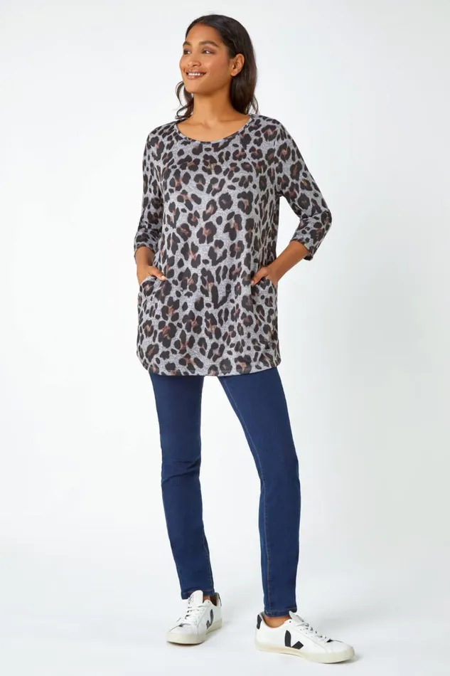 Neutral Animal Print Pocket Tunic Top With Snood Women Roman Tops