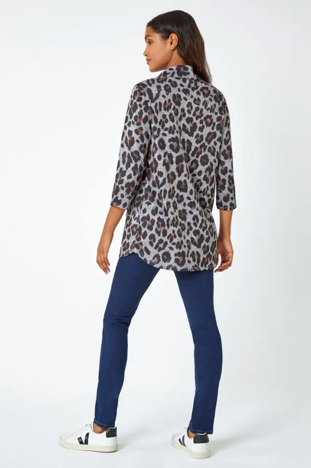 Neutral Animal Print Pocket Tunic Top With Snood Women Roman Tops