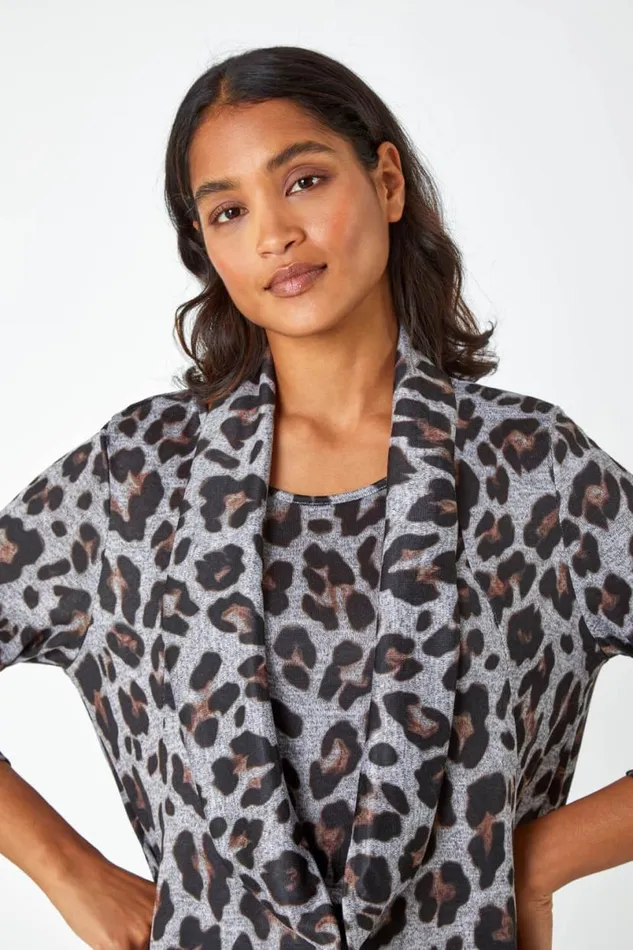 Neutral Animal Print Pocket Tunic Top With Snood Women Roman Tops