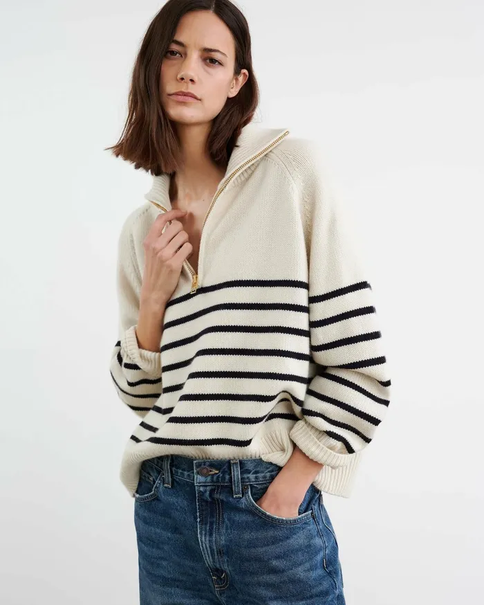 Nili Lotan GANZE SWEATER Ivorydark Navy Stripe Women Knits and Sweaters