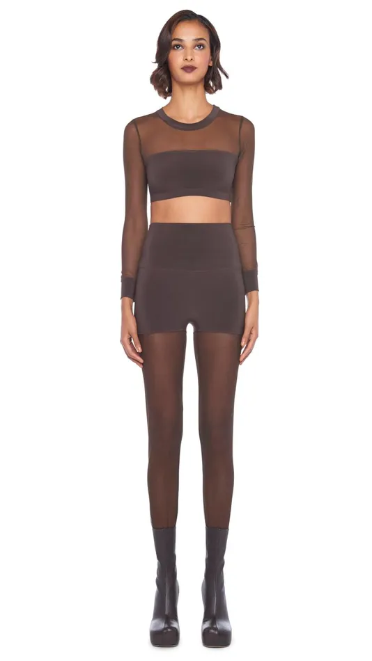 Norma Kamali Bottoms LEGGING W MESH BOTTOM FOOTSIE Chocolatechocolate Mesh 8211 Clothing