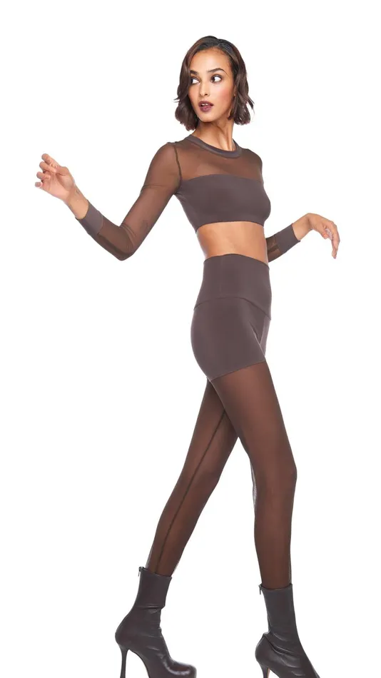 Norma Kamali Bottoms LEGGING W MESH BOTTOM FOOTSIE Chocolatechocolate Mesh 8211 Clothing