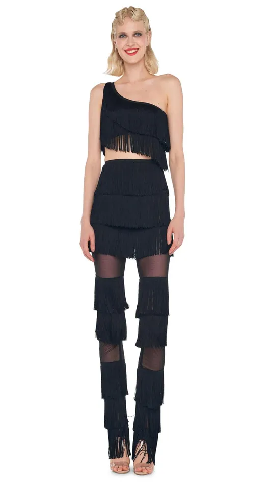 Norma Kamali Bottoms SPLICED BOOT PANT WITH FRINGE Black 8211 Clothing