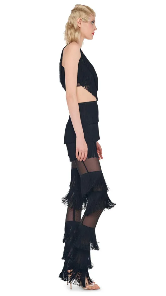 Norma Kamali Bottoms SPLICED BOOT PANT WITH FRINGE Black 8211 Clothing
