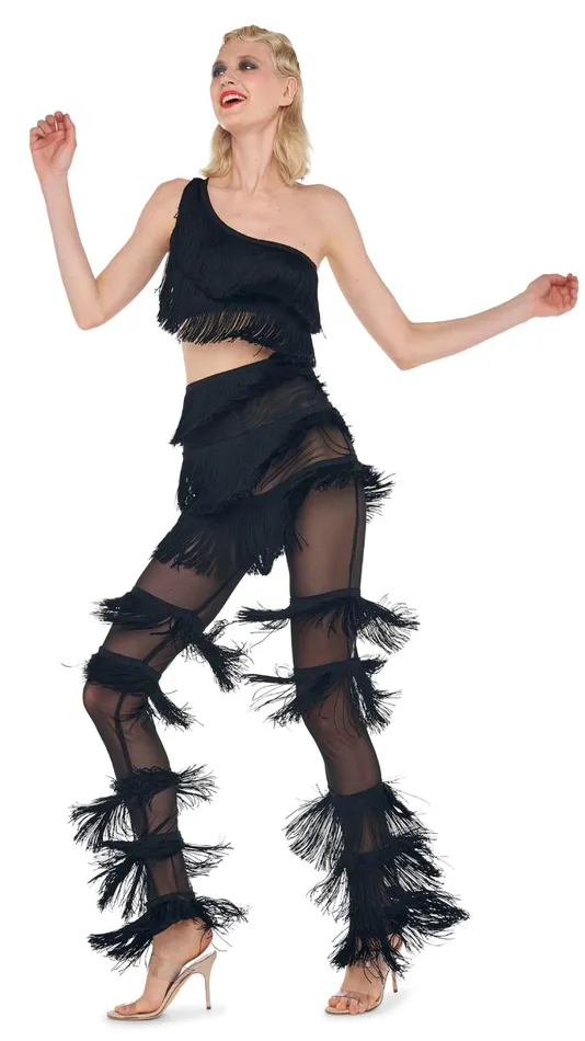 Norma Kamali Bottoms SPLICED BOOT PANT WITH FRINGE Black 8211 Clothing