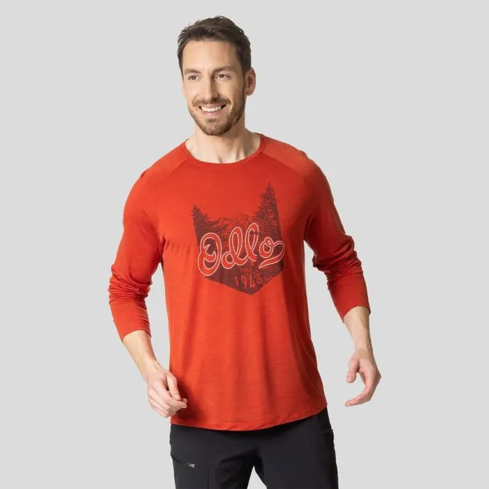 Odlo Hiking The Ascent Performance Wool 130 Hand Drawn Logo Long Sleeve TShirt Ketchup Melange 8211 Men