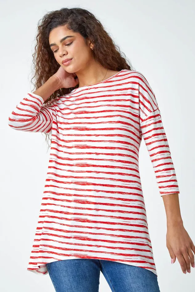 Orange Abstract Stripe Print Stretch Top Women Roman Tops