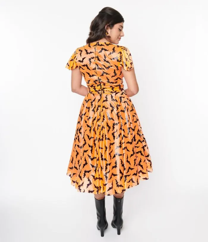 Orange and Black Bat Midori Swing Dress DressesHalloweenPlus Unique Vintage Dresses