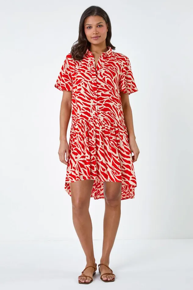 Orange Animal Print Tiered Smock Dress Women Roman Dresses