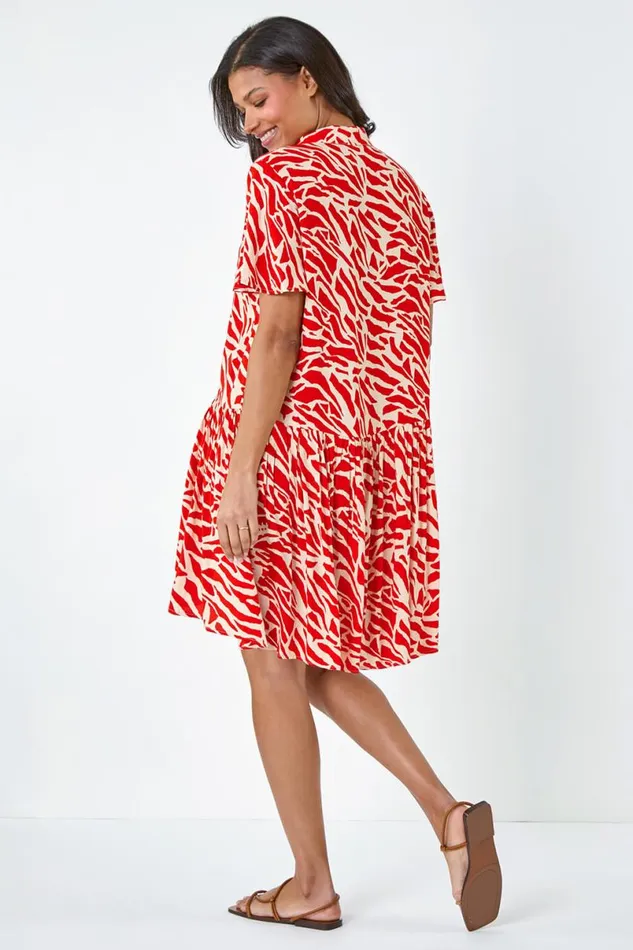 Orange Animal Print Tiered Smock Dress Women Roman Dresses