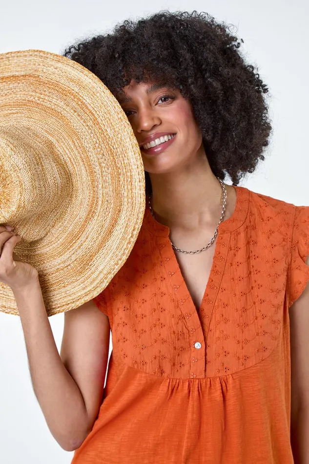 Orange Embroidered Frill Cotton Blend VNeck Vest Top Women Roman Tops