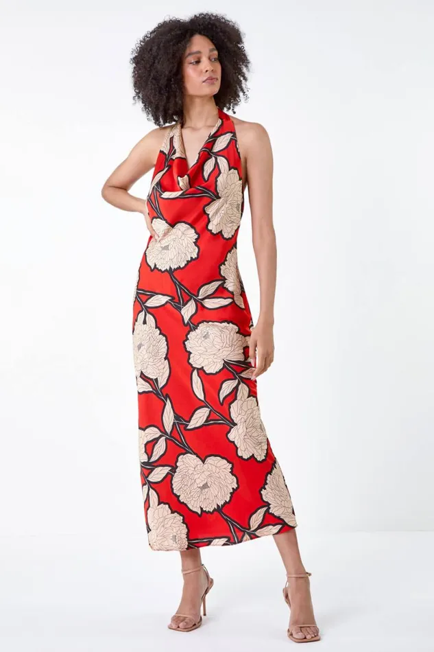 Orange Floral Print Satin Bias Cut Dress Women Roman Dresses