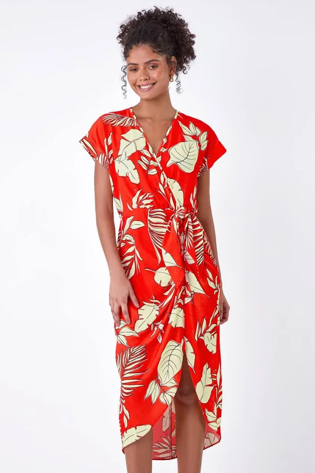 Orange Floral Wrap Tie Detail Dress Women Roman Dresses