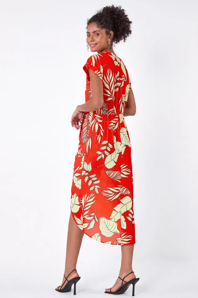 Orange Floral Wrap Tie Detail Dress Women Roman Dresses
