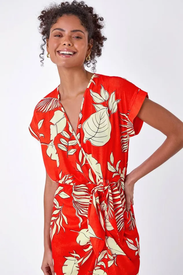 Orange Floral Wrap Tie Detail Dress Women Roman Dresses