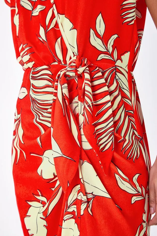 Orange Floral Wrap Tie Detail Dress Women Roman Dresses