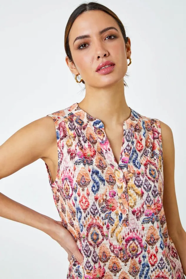 Orange Sleeveless Aztec Print Top Women Roman Tops