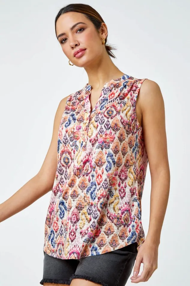 Orange Sleeveless Aztec Print Top Women Roman Tops