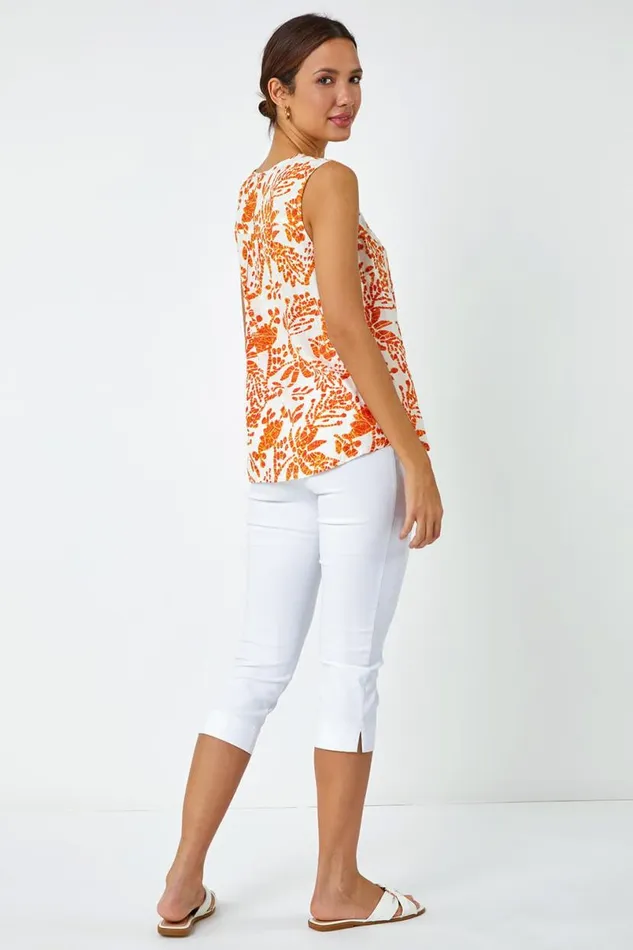 Orange Sleeveless VNeck Floral Print Vest Women Roman Tops