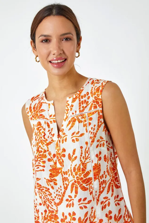 Orange Sleeveless VNeck Floral Print Vest Women Roman Tops