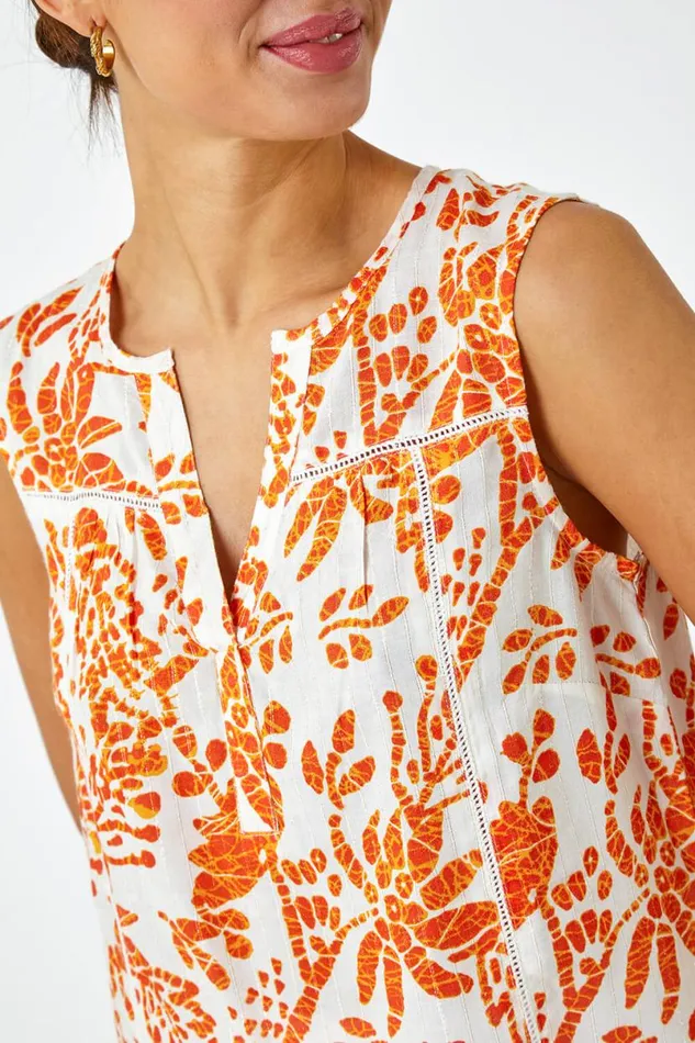 Orange Sleeveless VNeck Floral Print Vest Women Roman Tops