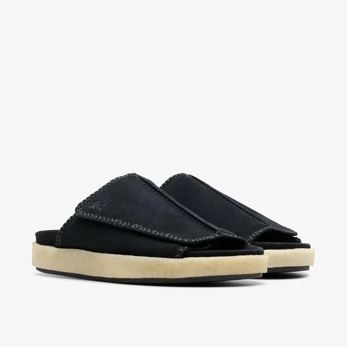 Overleigh Slide Black Suede Men Clarks Sandals and Flip Flops