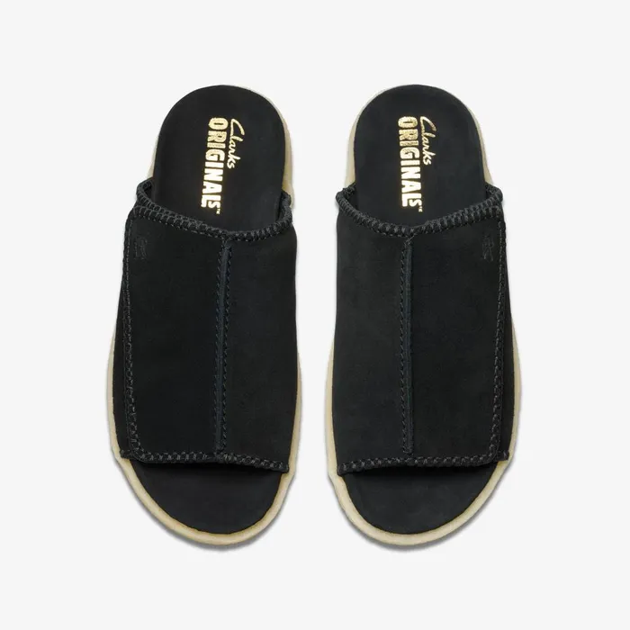 Overleigh Slide Black Suede Men Clarks Sandals and Flip Flops