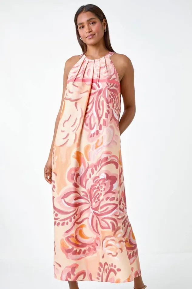 Peach Abstract Print Pocket Trapeze Dress Women Roman Dresses