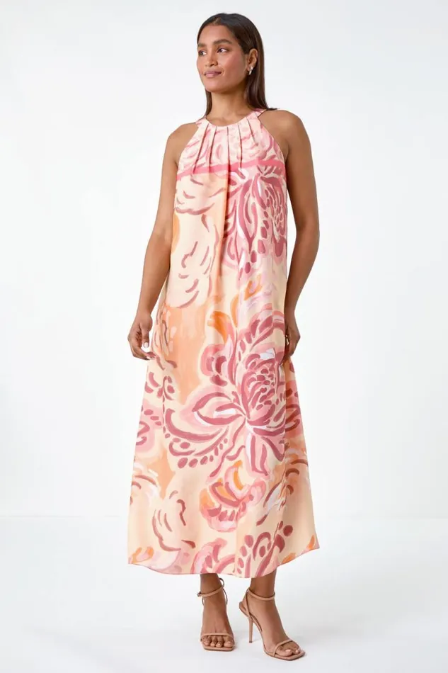 Peach Abstract Print Pocket Trapeze Dress Women Roman Dresses