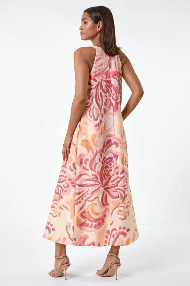 Peach Abstract Print Pocket Trapeze Dress Women Roman Dresses