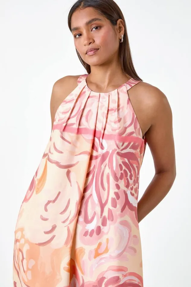 Peach Abstract Print Pocket Trapeze Dress Women Roman Dresses